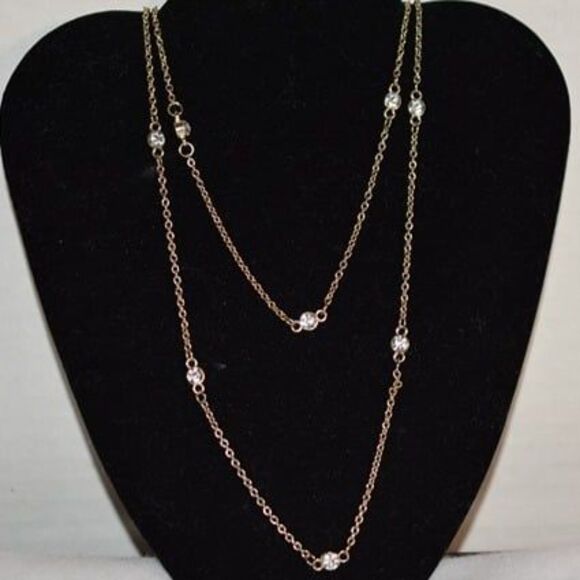Floating Crystal Bezel Silver Tone Double Layer Y2K Party Delicate Necklace - Picture 1 of 4